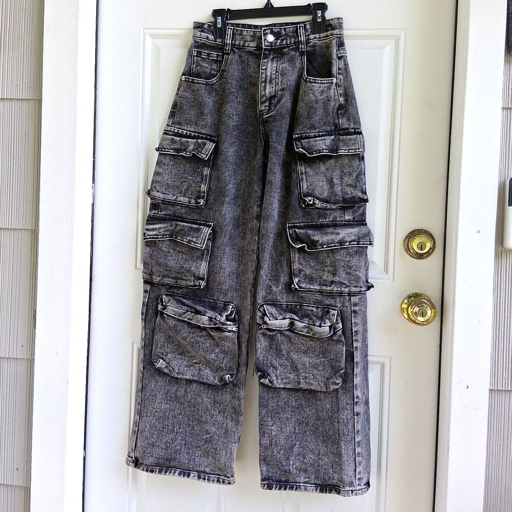 394 Jeans Pretty Little Things Petite Size 0 Black Acid Wash Relaxed Baggy Cargo